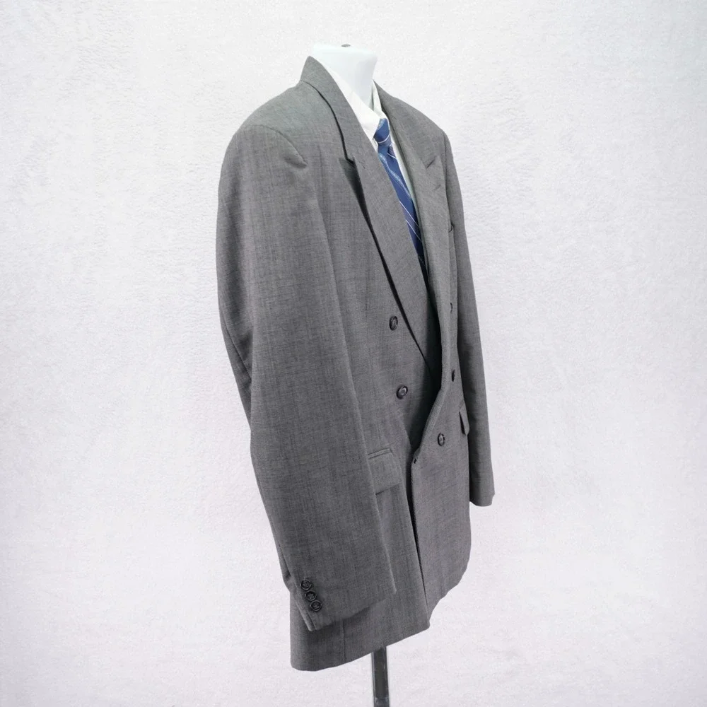 Haggar Wool 2 Piece Suit Gray Birdseye -42L  35 / 30.5- Double Breasted Peak Lap